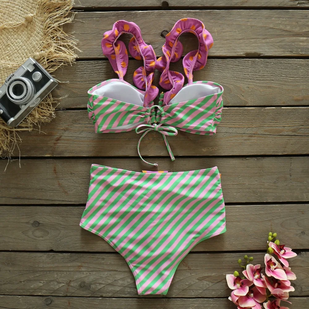 2021 New Push-Up Two Pieces Women Floral Padded Bra Ruffles Bandage Bikini Set Swimsuit Swimwear Bathing Suit Beach Wear biquini