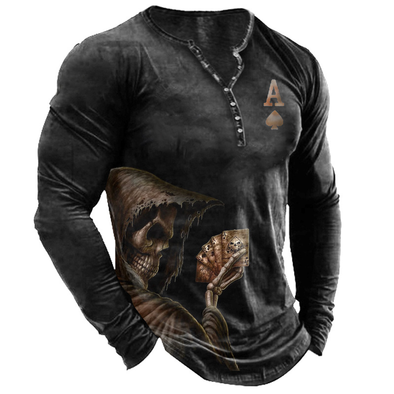Men's Dark Poker Skull Print Henley Long Sleeve T-Shirt