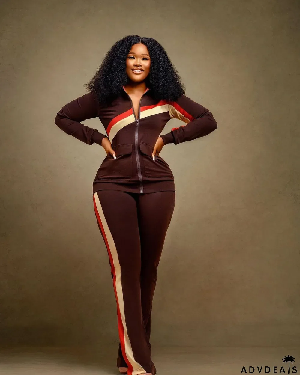 Plus Size Zipper Long Sleeve 2 Piece Pants Sets
