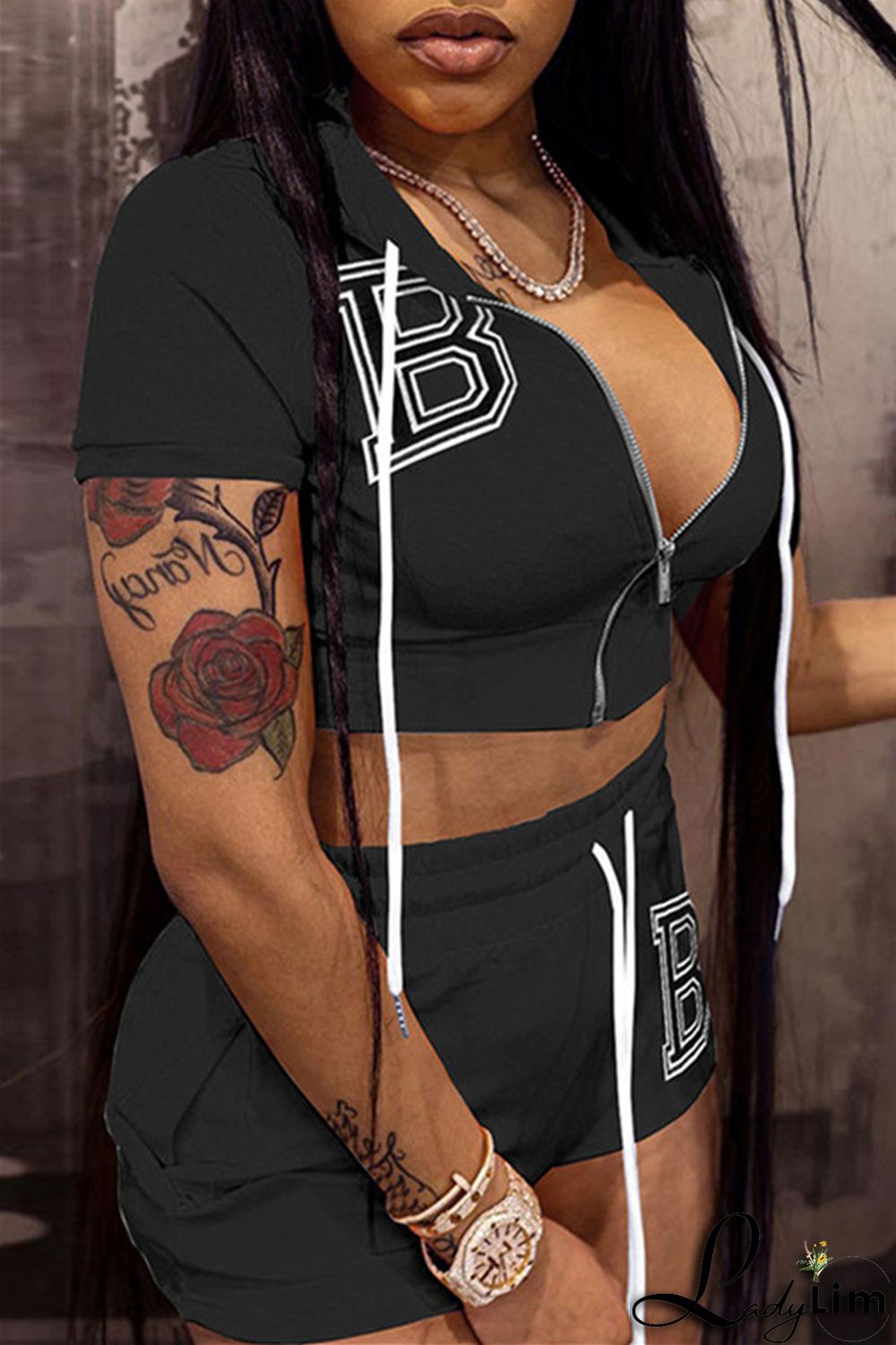 Pink Fashion Casual Letter Solid Embroidered Hooded Collar Short Sleeve Two Pieces