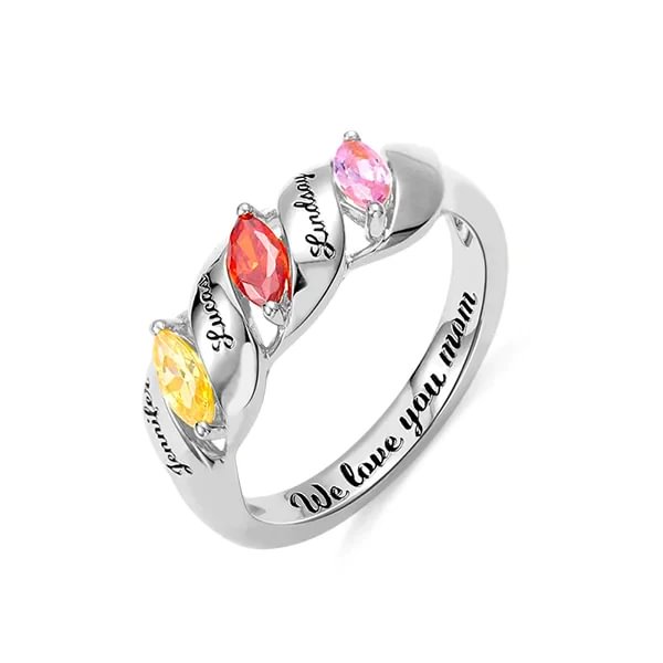 Engraved Twined and Three Horse Eye Birthstones Ring