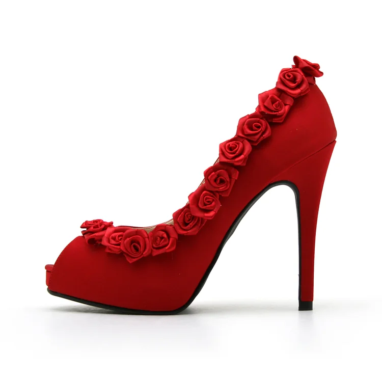 Red Bridal Peep Toe Platform Suede Pumps with Flower Vdcoo