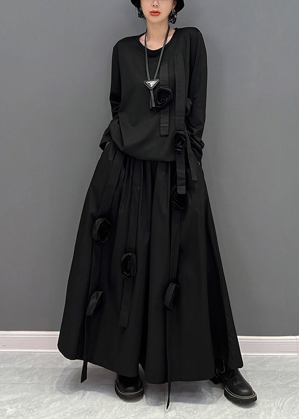 VCSHOES Loose Black O-Neck Top And Maxi Skirts Two Pieces Set Fall