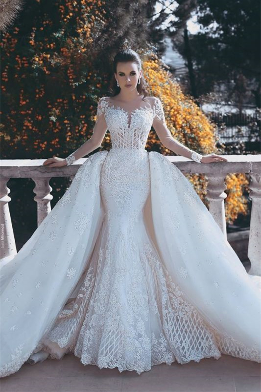 Oknass Long Sleeves Lace Appliques Mermaid Wedding Dress With Detachable Skirt