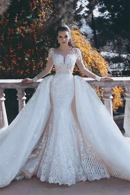 Daisda Long Sleeves Lace Appliques Mermaid Wedding Dress With Detachable Skirt