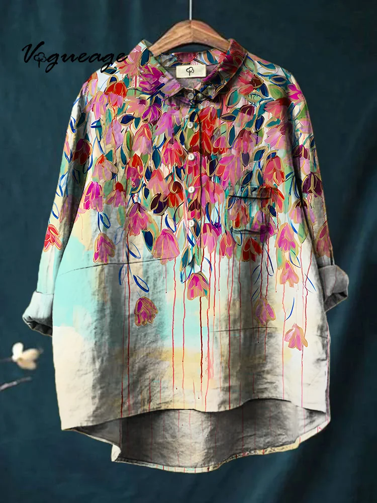 Bright Colorful And Elegant Flowers Printed Cotton And Linen Shirt