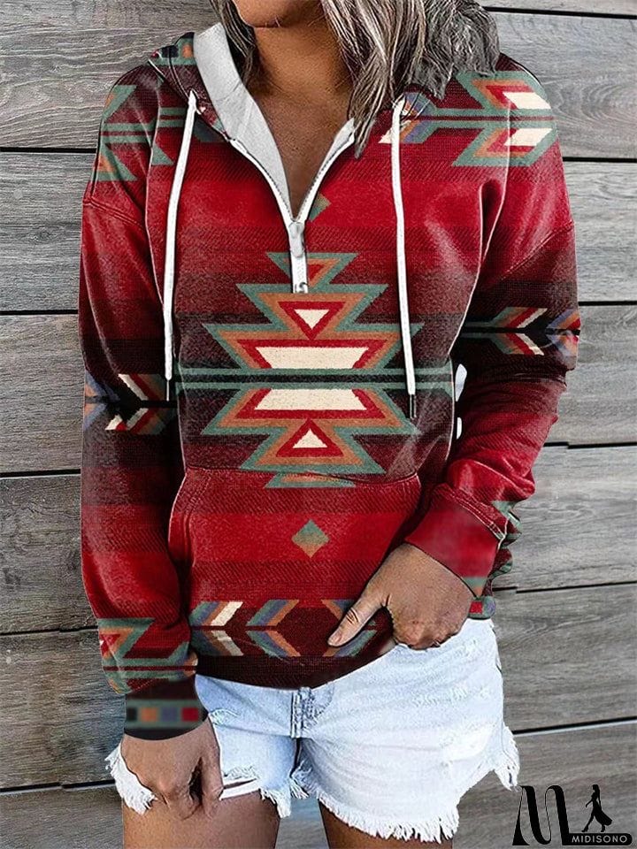 MidiSono - Women's Ethnic Diamond Printed Long Sleeve Pullover Hooded Sweatshirt