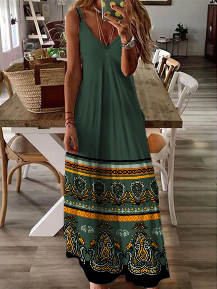 Damask & Floral & Stripe Elements Boho Print Halter Long Dress