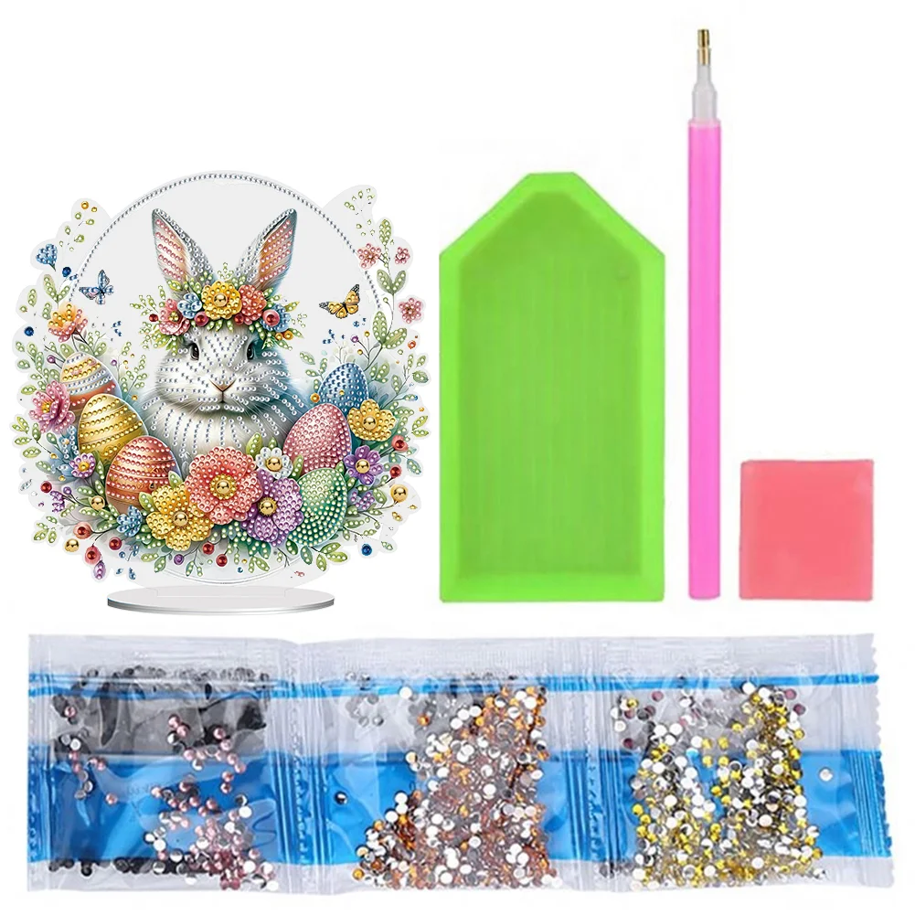 DIY Easter Cute Rabbit Egg Single-Sided Acrylic Diamond Painting Tabletop Ornament for Home Office Desktop Decor