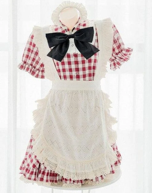 Lovely Sweet Maid Outfit Red White Grid Dress BE335