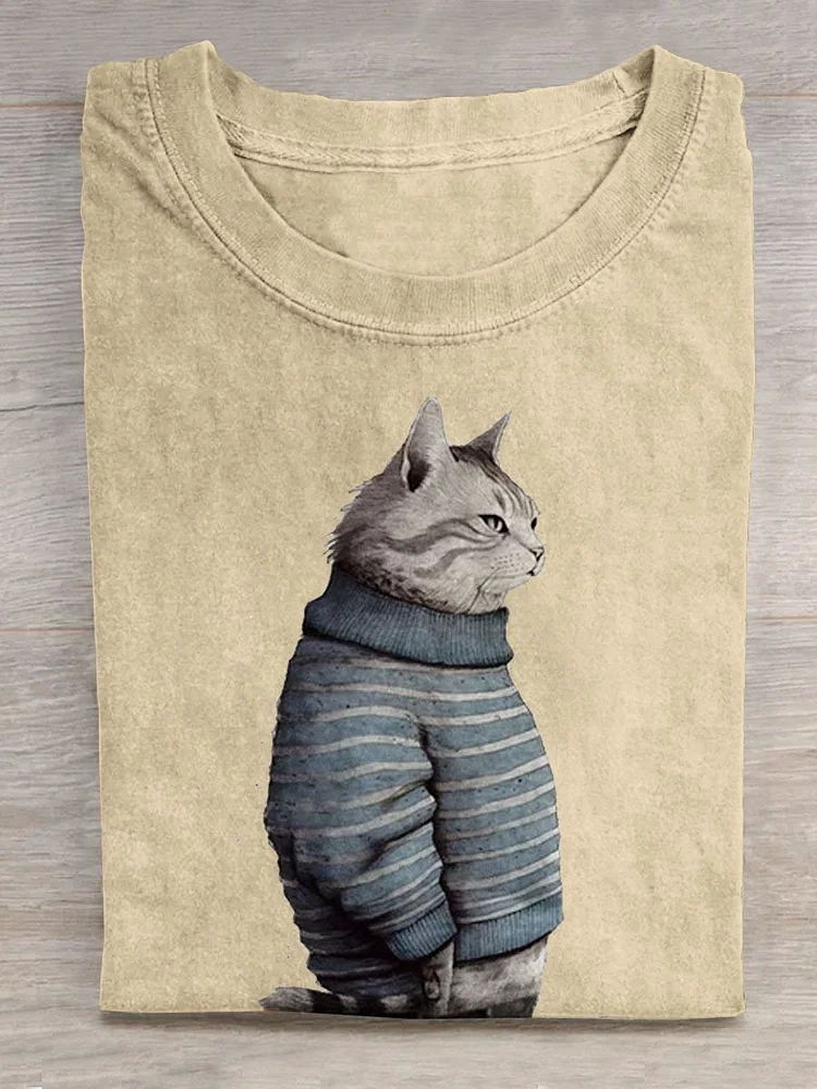 Cute Winter Cat Art Pattern Print Casual T-shirt