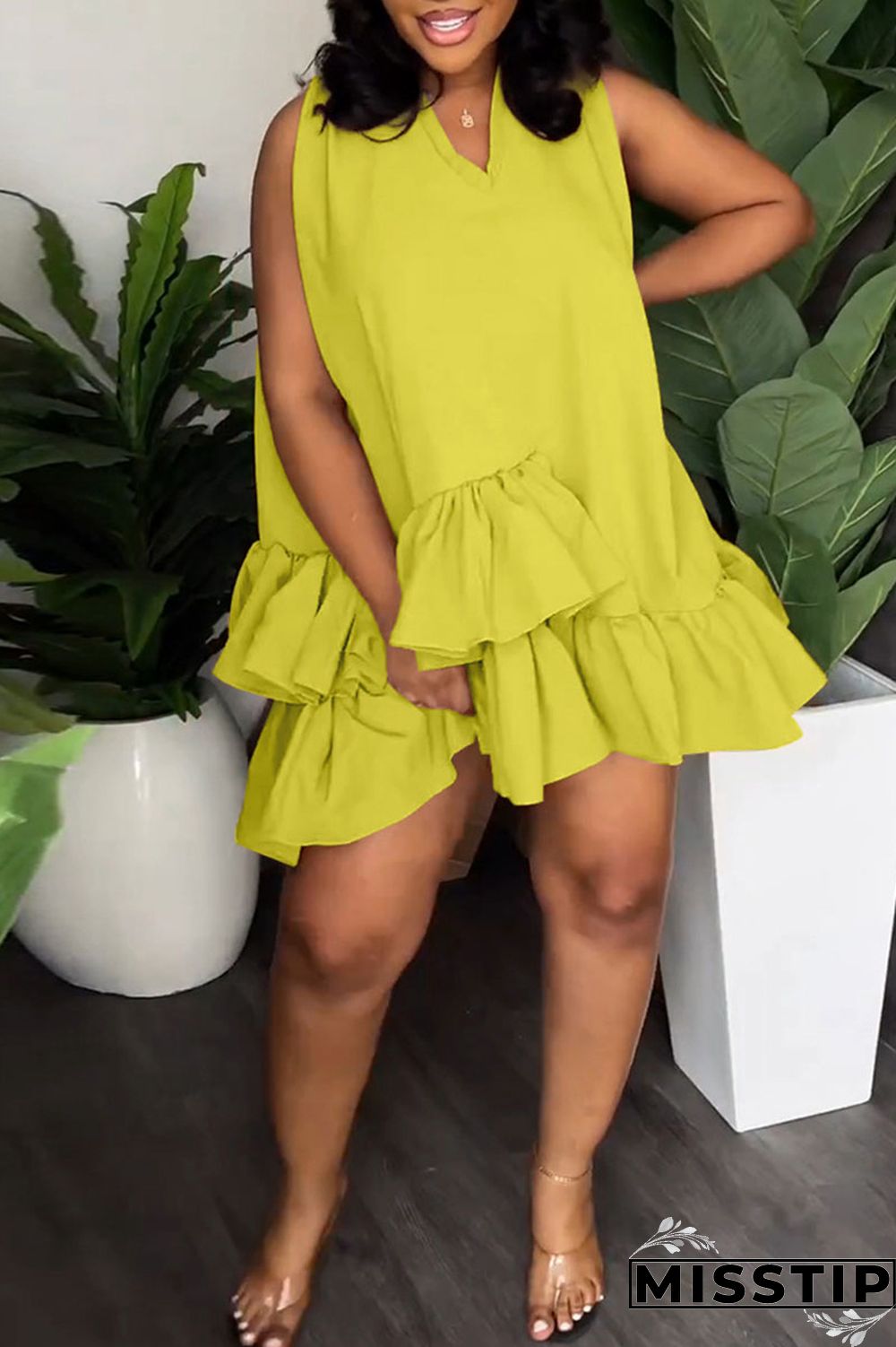 Orange Casual Sweet Solid Patchwork Flounce With Belt Asymmetrical V Neck A Line Dresses