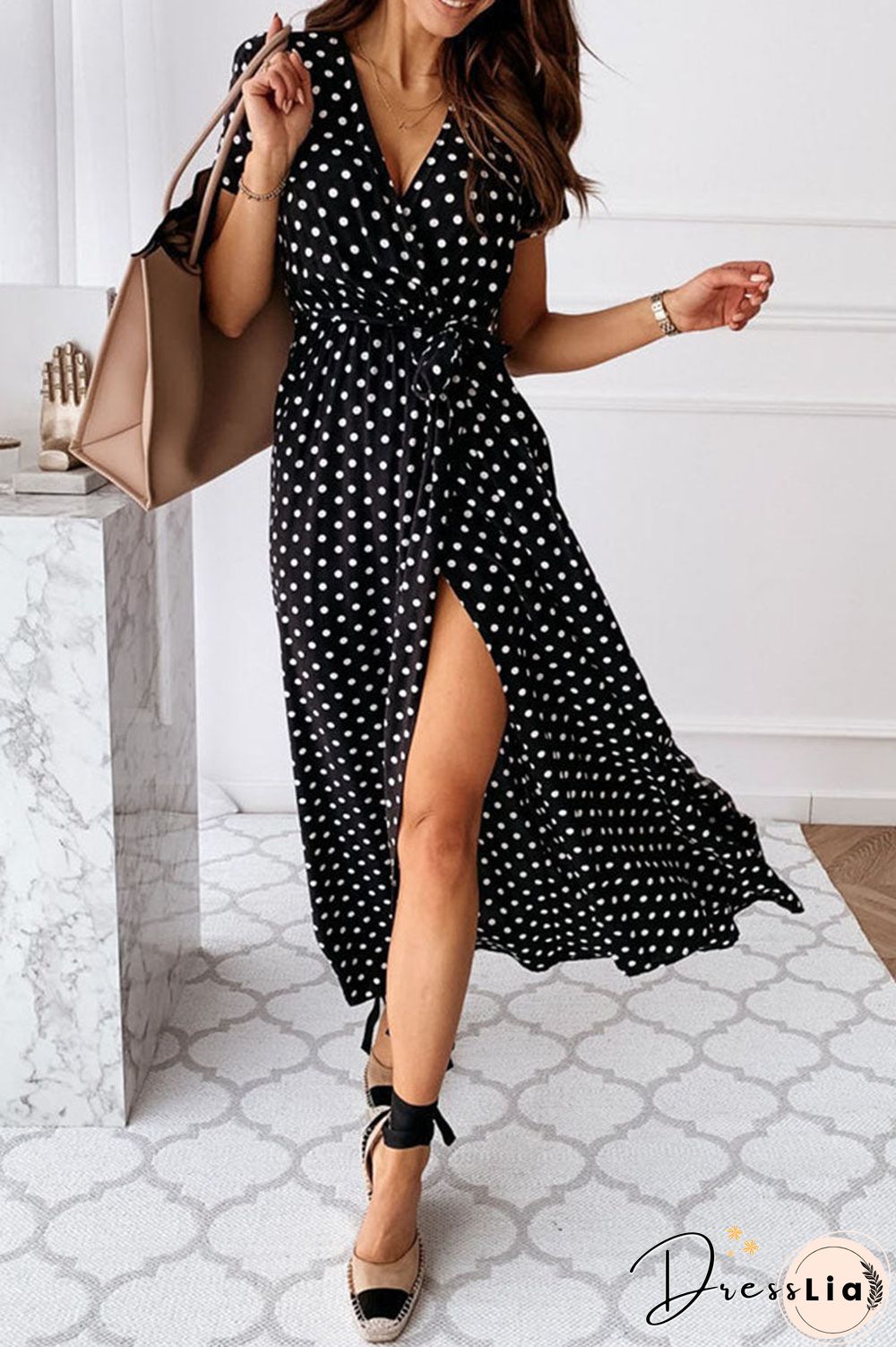 Fashion Sexy Dot Slit V Neck Printed Dresses(4 Colors)