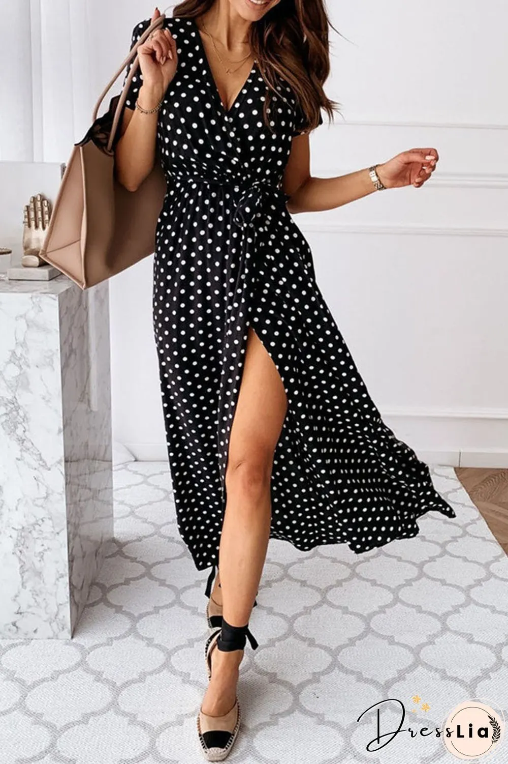 Fashion Sexy Dot Slit V Neck Printed Dresses(4 Colors)