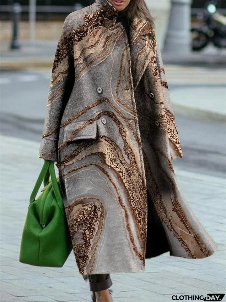 Ladies Stylish Print Lapel Long Sleeve Pocket Winter Coat