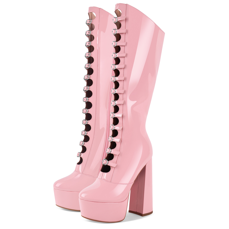 Y2K Revival Chunky Heel Platform Buckle Knee Boots