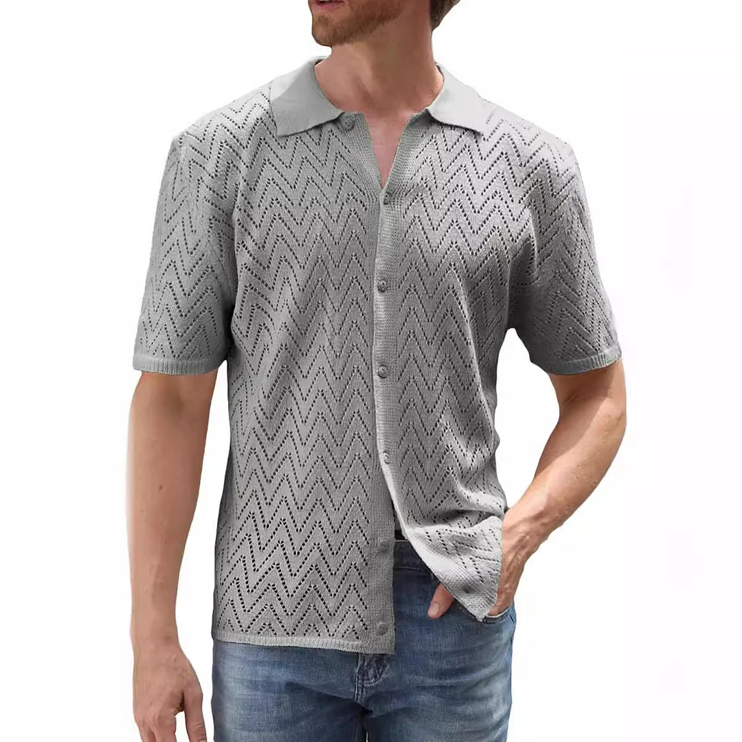 Wongn Wongn Men's Casual Knit Shirt Summer New Hollow-Out Breathable Cool Short-Sleeved Jacket Cardigan Men's Wear