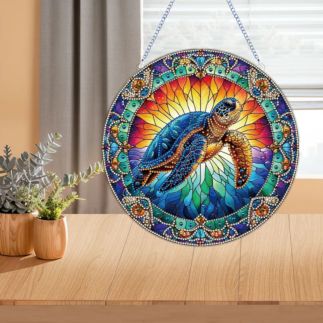 2D Flat DIY Stained Glass Turtle Suncatcher Diamond Painting Art Pendant