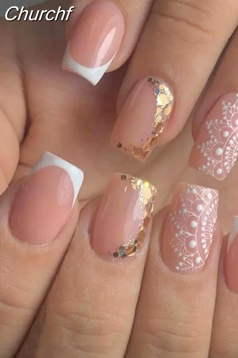 Churchf Wave Line Short Ballet French False Nails With Flower design Square Head Fake Nail Tips Simple Wearable Press On Nails-Nail Inspo