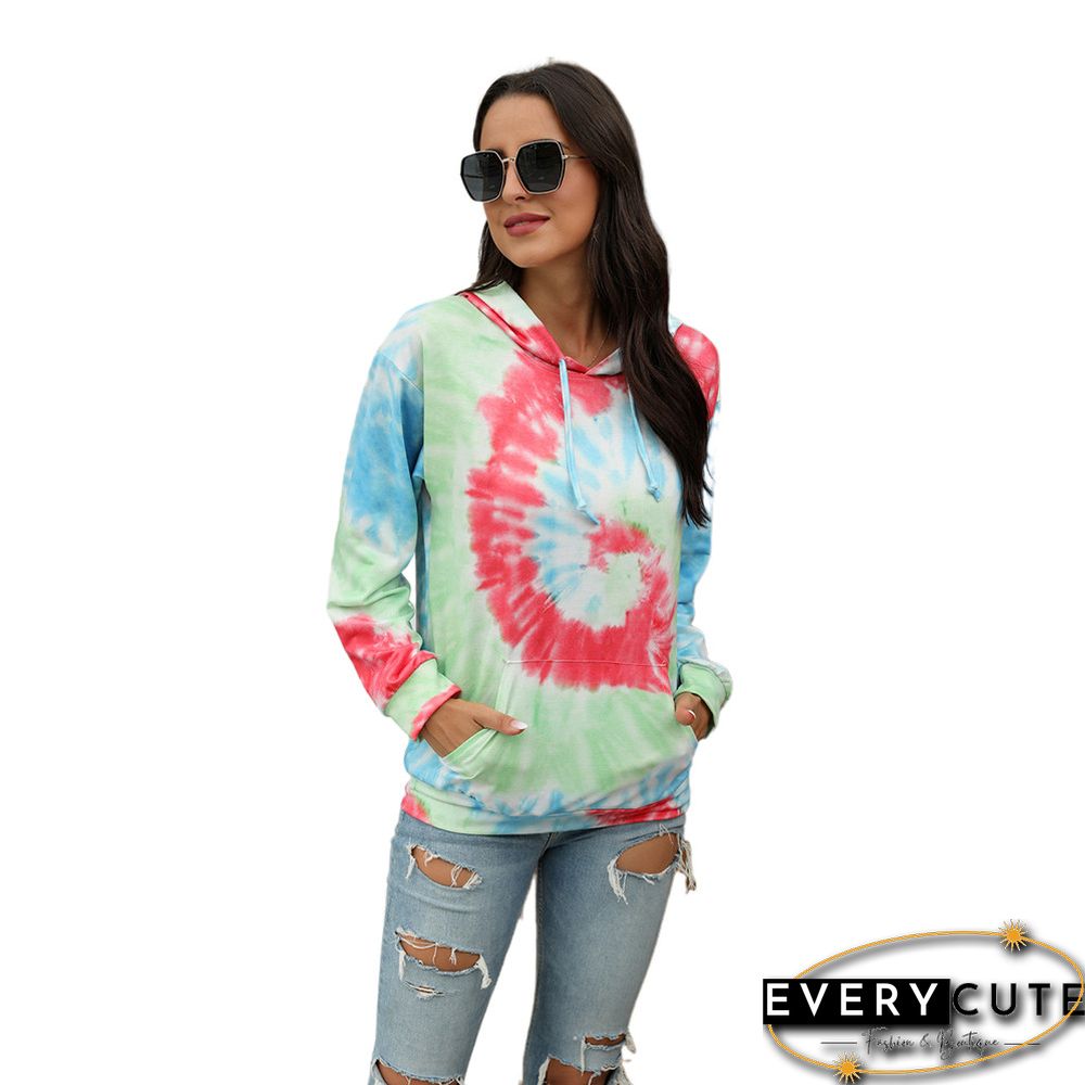 Red Tie Dye Print Long Sleeve Drawstring Hoodie