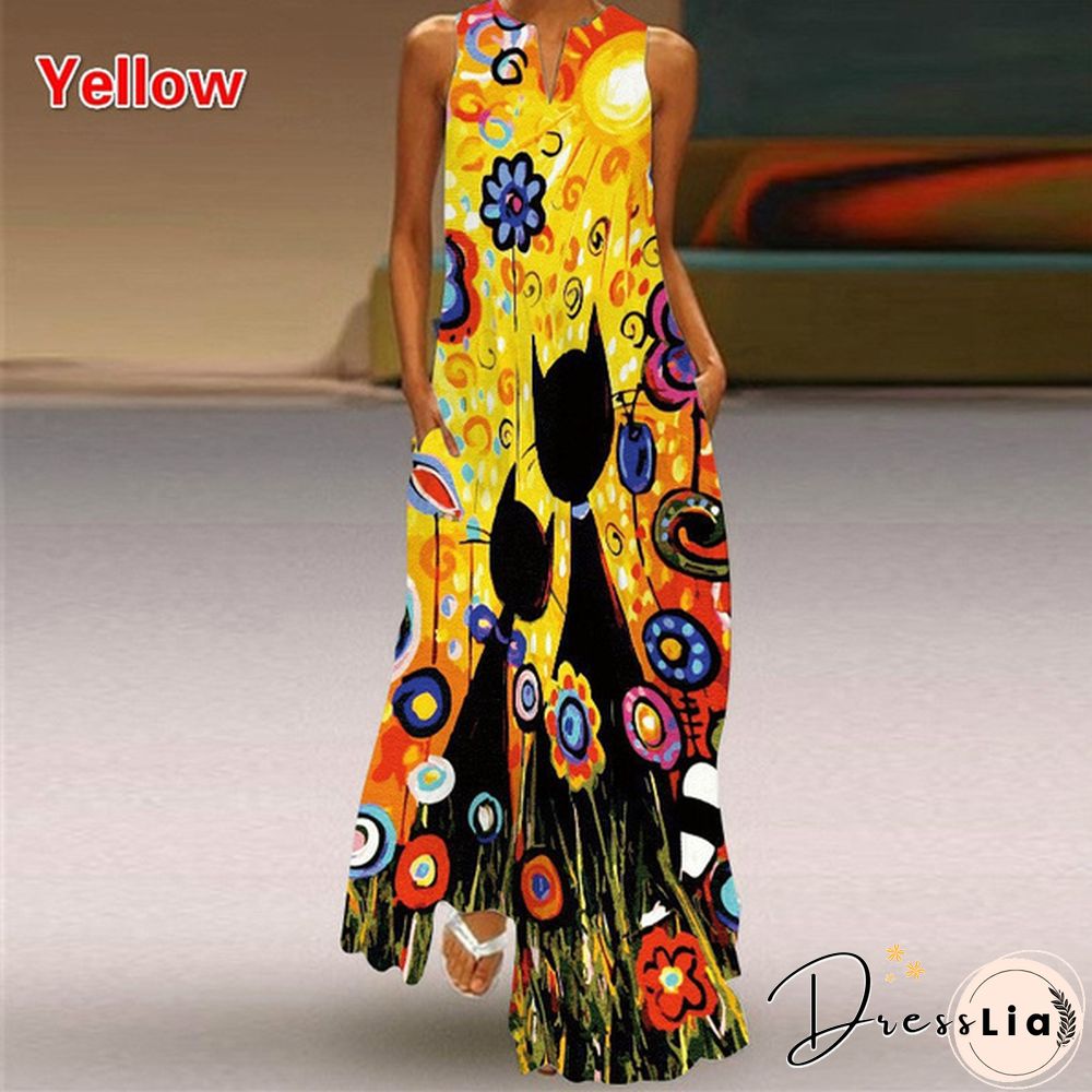 Butterfly Print Loose Beach Maxi Dress Summer Womens Fashion Sleeveless V-neck Boho Dress