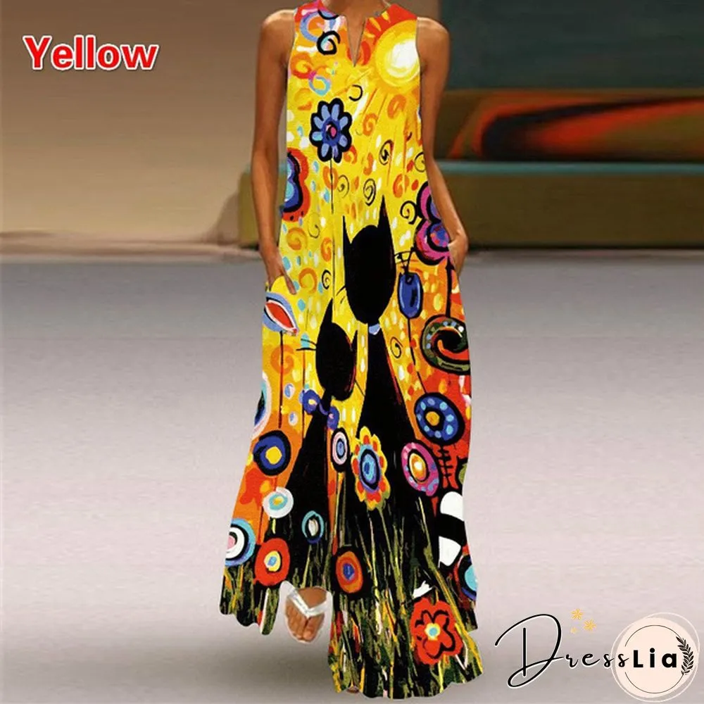 Butterfly Print Loose Beach Maxi Dress Summer Womens Fashion Sleeveless V-neck Boho Dress