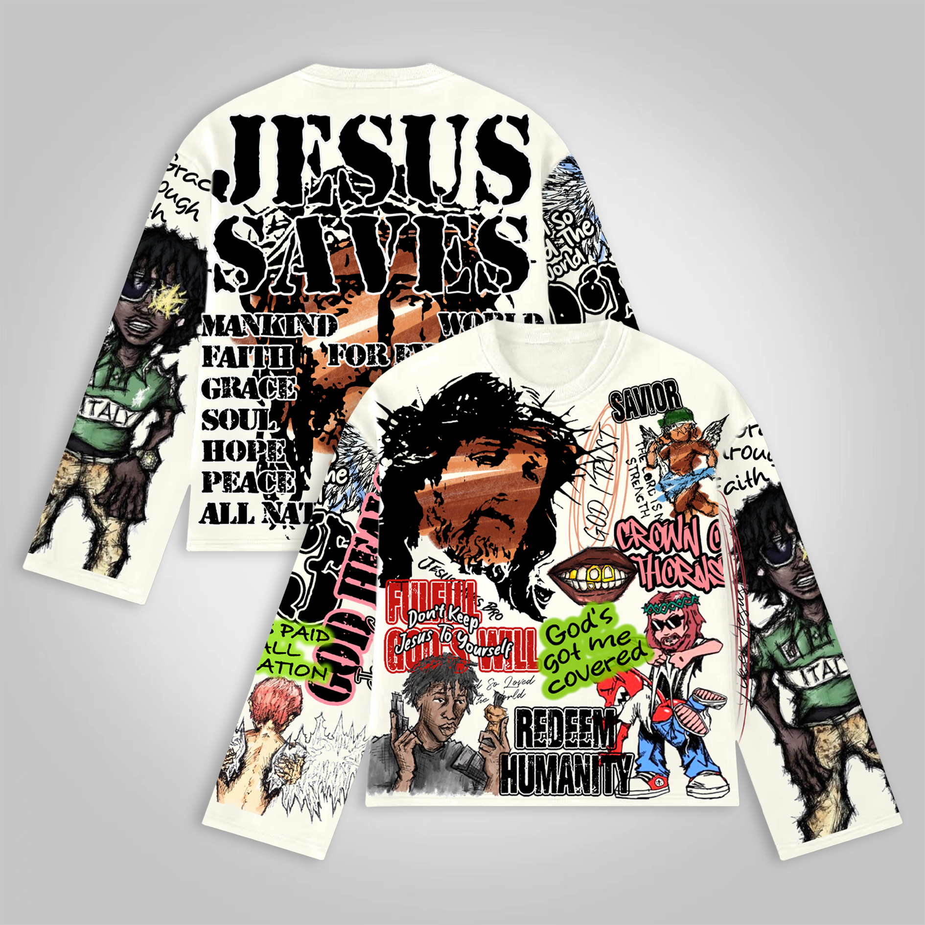 Sopula Vintage Graffiti Jesus Graphic Long Sleeve T-shirt