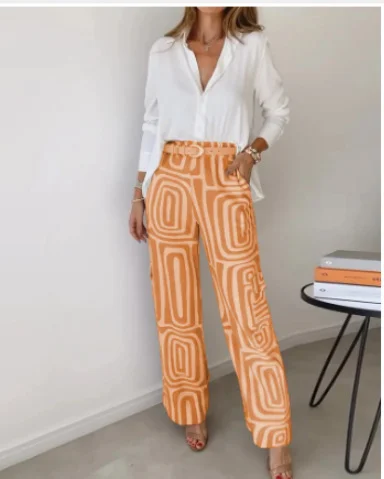 Wongn Wongn Summer Women's Casual Long Sleeve Lapel Shirt Print Wide-Leg Pants Suit