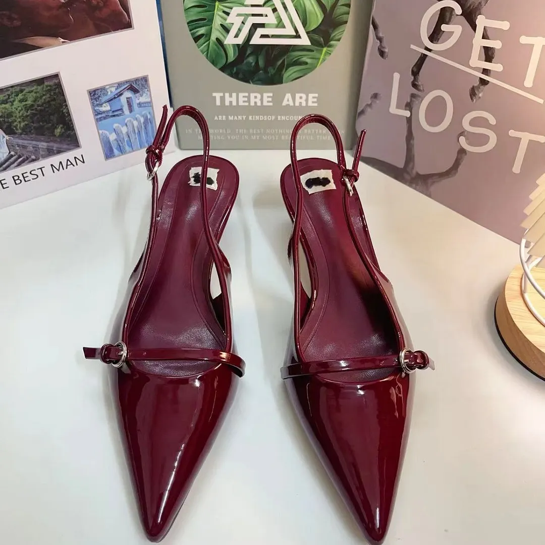 Breakj Breakj 2025 New Patent Leather Fine Heel Sandals With Sharp Head Back Empty Cat Root Muller 4086