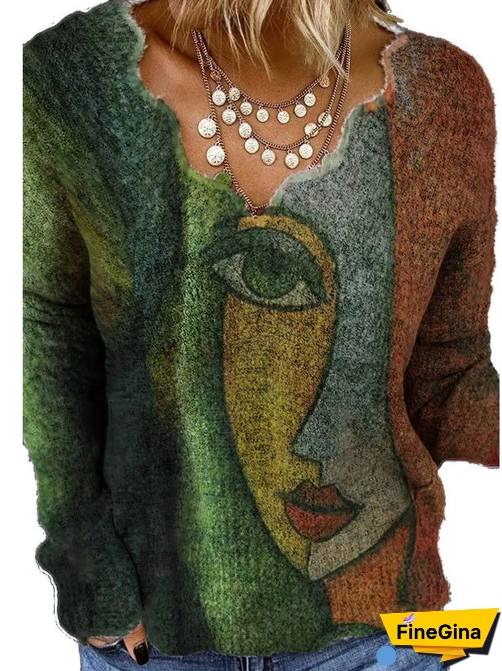 Women's Graphic Printed Long Sleeve V-neck Top