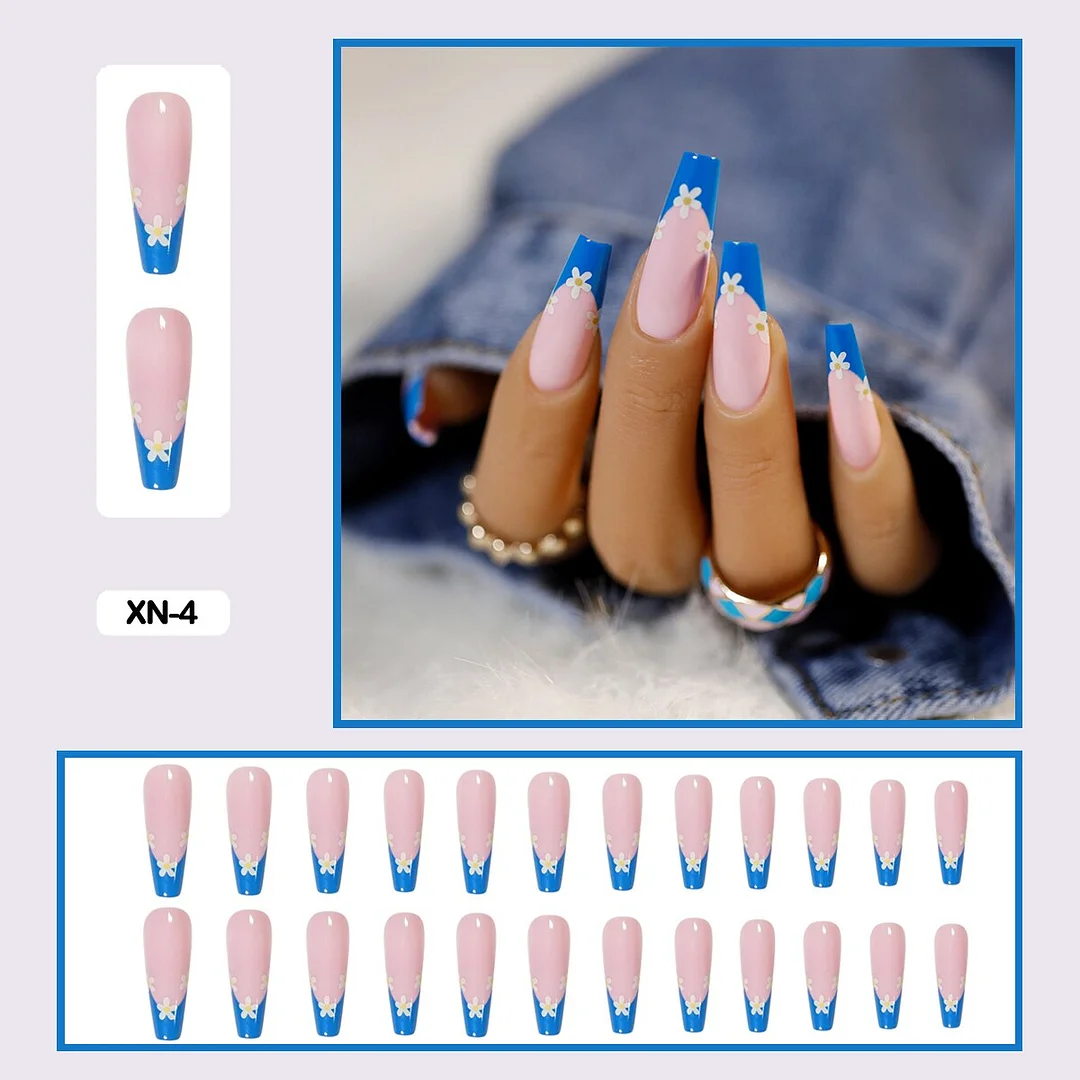 24pcs/box Press On False Nails Long Trapezoid Daisy Broken Flowers Wearable Fakse Nails With Glue and Wearing Tools As Gift-Nail Inspo