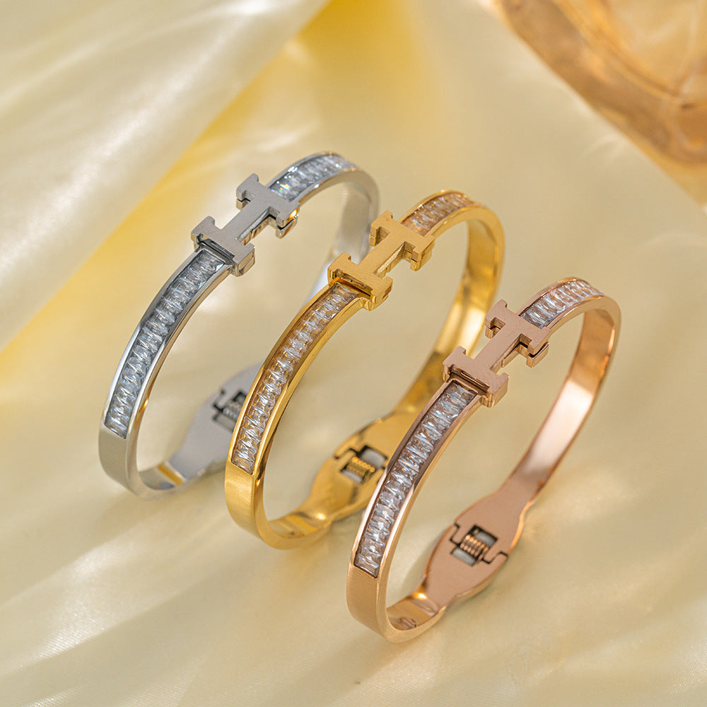 H Letter Diamond Titanium Steel Bracelet Popular Spring Bracelet 18K Gold Plated Stainless Steel Bracelet