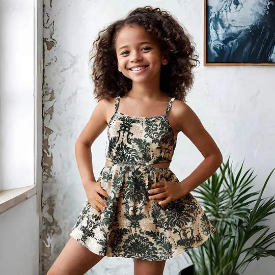 【18M-7Y】Girls' Fashion Cut-Out Waist Vintage Casual Print Dress
