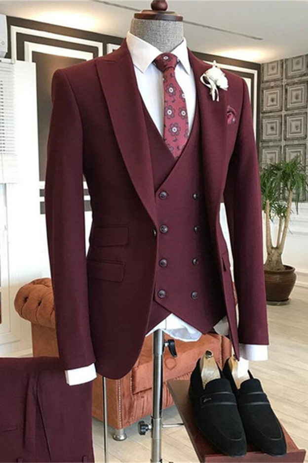 Dresseswow Morden Burgundy Three Pieces Groom Prom Suit With Peaked Lapel
