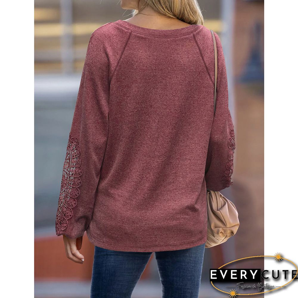 Wine Red V Neck Spliced Crochet Long Sleeve Tops