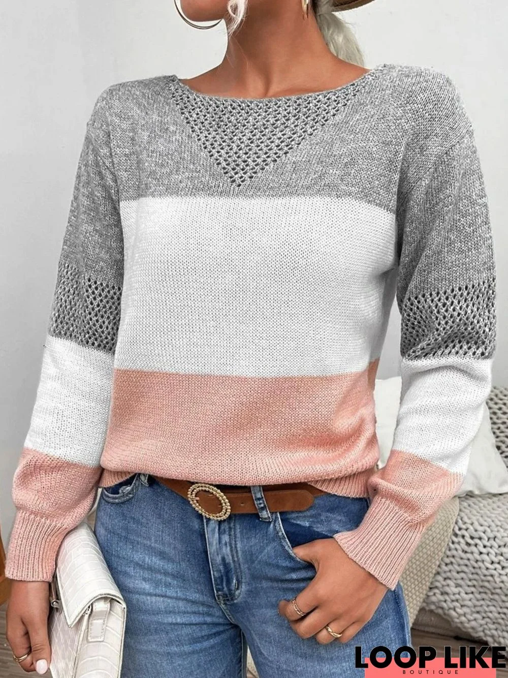 Color Block Long Sleeve Crew Neck Casual Sweater