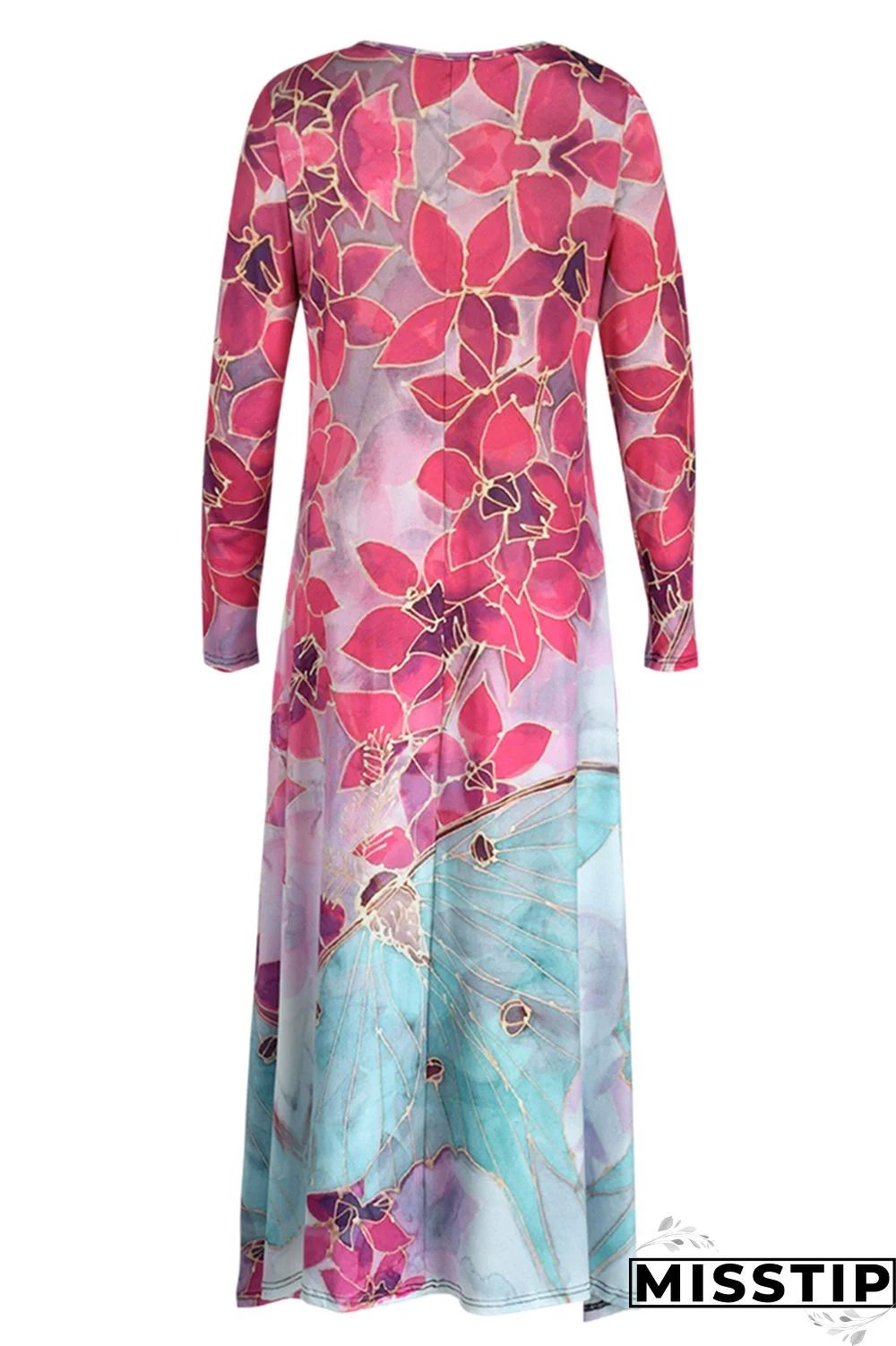Cyan Fashion Casual Print Patchwork V Neck Long Sleeve Dresses