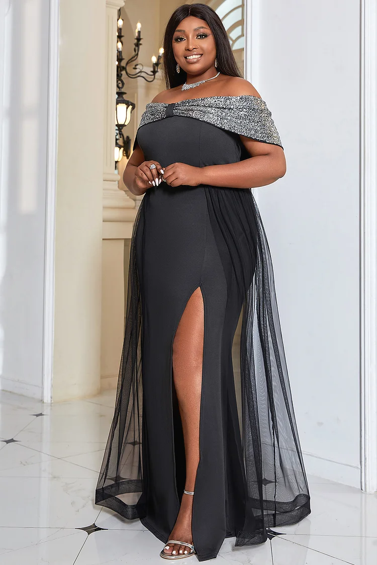 Xpluswear Design Plus Size Black Formal Sequin Off The Shoulder High Slit Overlay Skirt Maxi Dresses