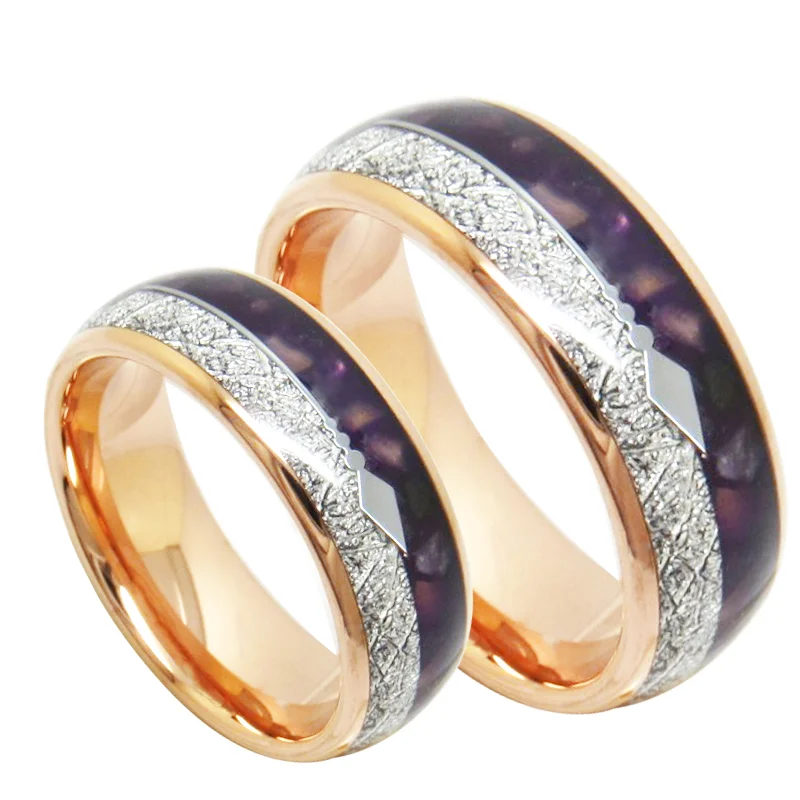6MM 8MM Full Arc Electric Rose Gold Inlaid With Purple Lapis Lazuli Silver Wire Clip Silver Arrow Wedding Comfort Fit Couple Rings