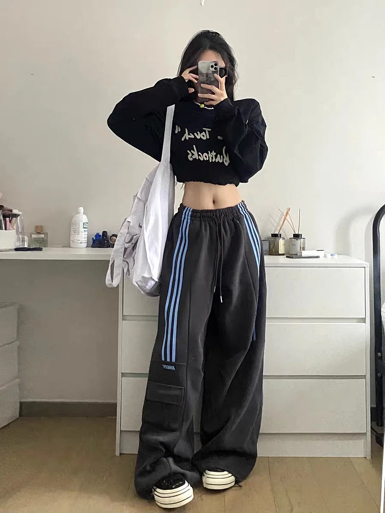 Lvpinyuan Women's Overalls High Waist Loose Casual Sports Straight Sweatpants Hip Hop Rope Wide Leg Pants Pantalones De Mujer 한국리뷰많은옷