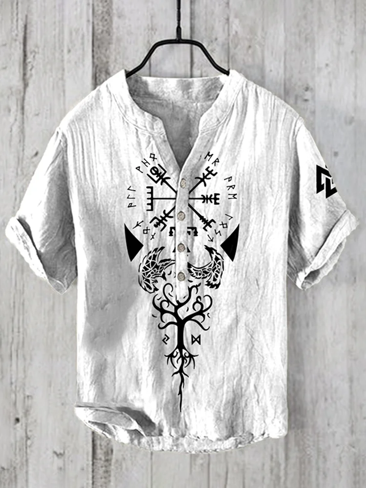 VChics Men'S Viking Compass Direction Graphic Art Linen Blend Shirt