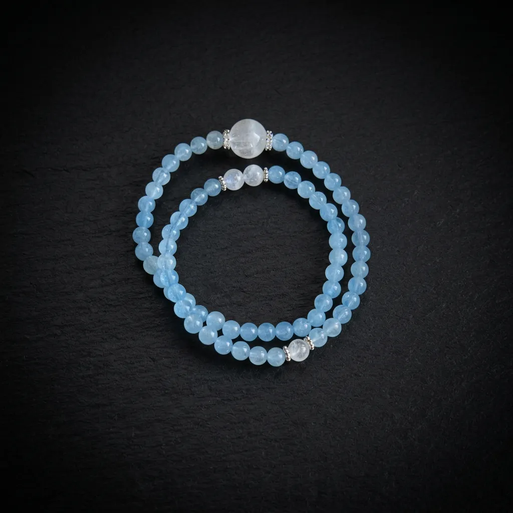 Serene Ocean & Ethereal Glow | Natural Aquamarine & Moonstone Double-Layer Bracelet Ocean & Moon Glow
