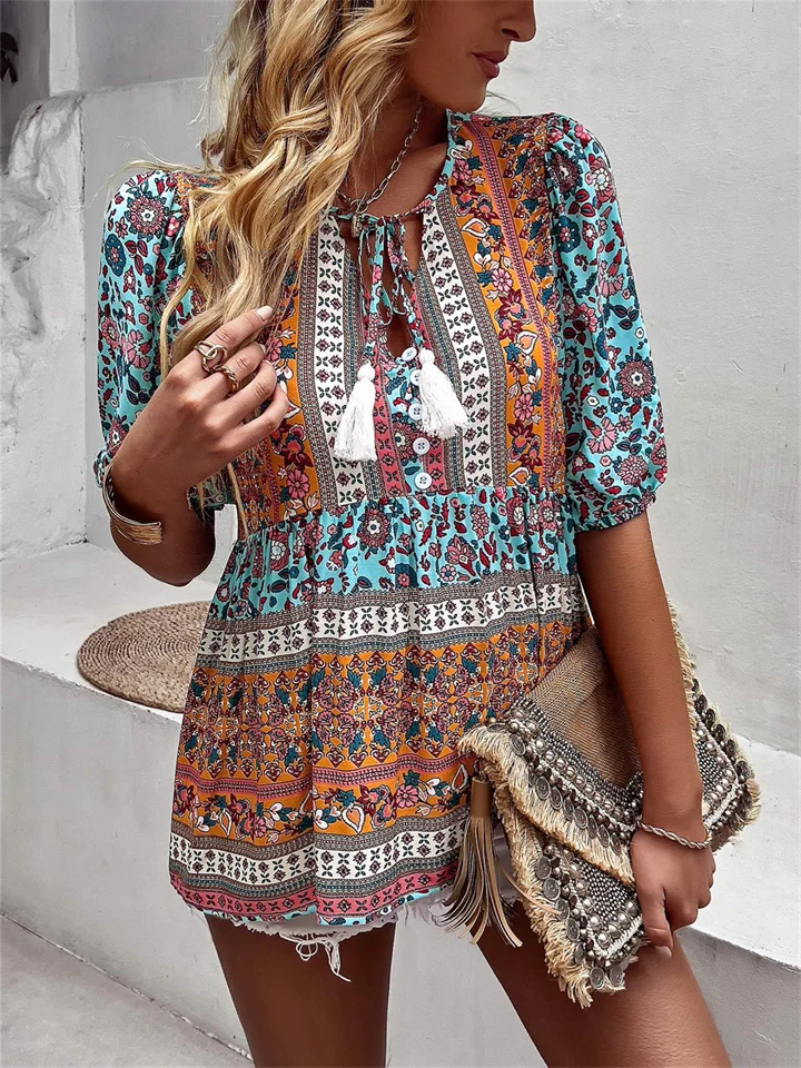 Tassel V-neck Print Casual Resort Style Tops Ladies Short Sleeve Blue Purple S M L XL-Mixcun
