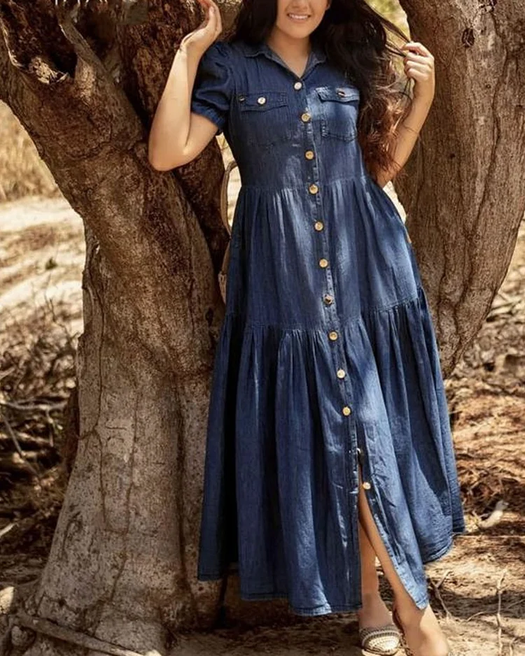 Elegant Solid Denim Maxi Dress