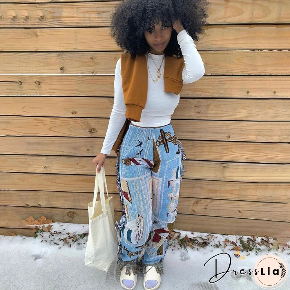 Side Tassels Patchwork Elastic Waist Women Print Jogger Pant