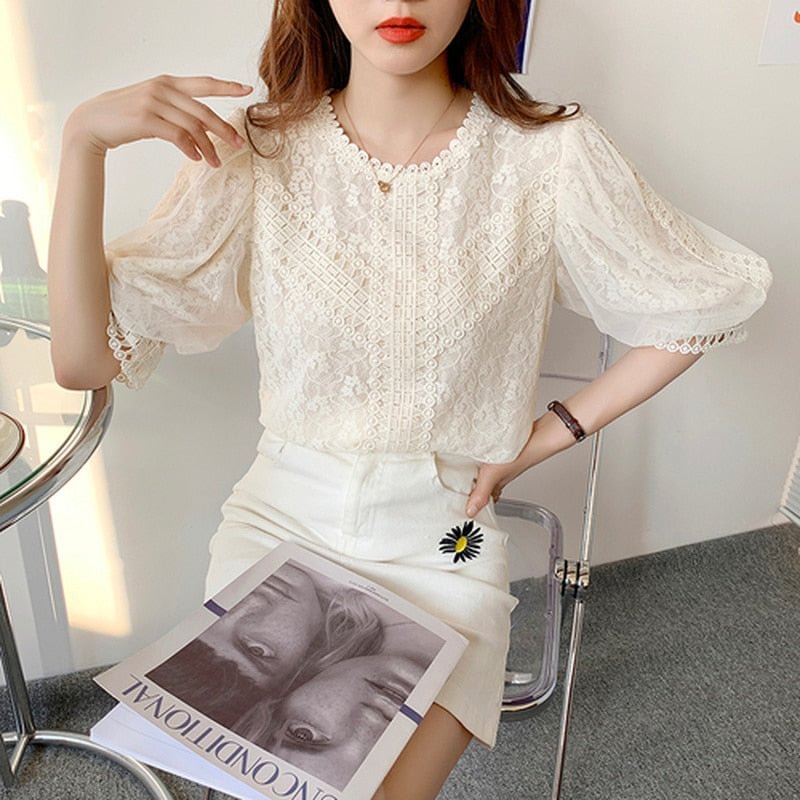 Summer Lace Chiffon Women's Shirt New O Neck Short Sleeve Loose Blouse 2021 Elegant Sweet Crochet Lace Hollow Floral Tops 15266