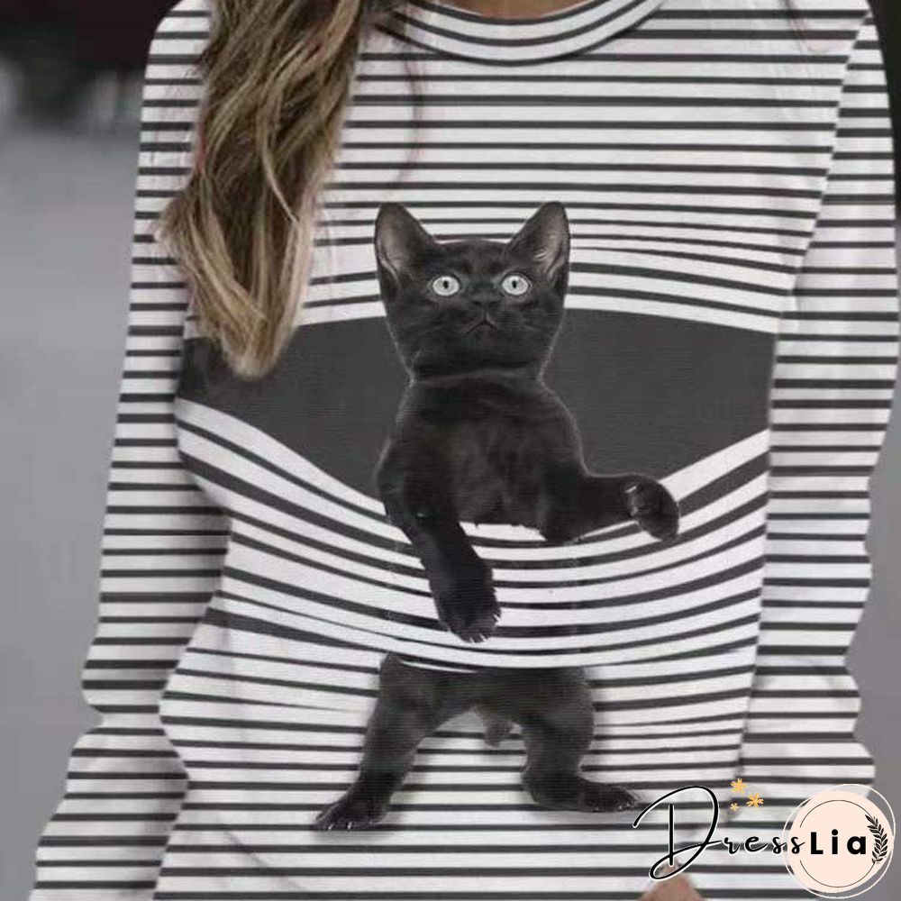 Cartoon Cat Stripe O-Neck Long Sleeve T-Shirt