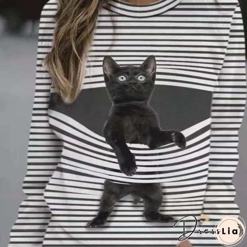 Cartoon Cat Stripe O-Neck Long Sleeve T-Shirt