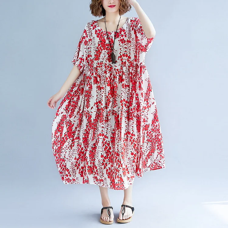 fine red cotton linen dress trendy plus size short sleeve print baggy dresses cotton gown 2018 v neck traveling clothing