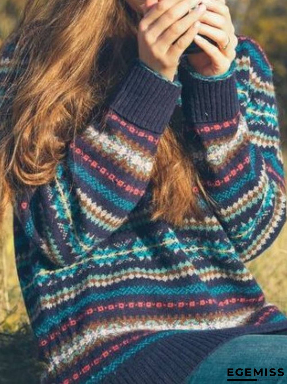 Cotton-Blend Round Neck Long Sleeve Sweater | EGEMISS